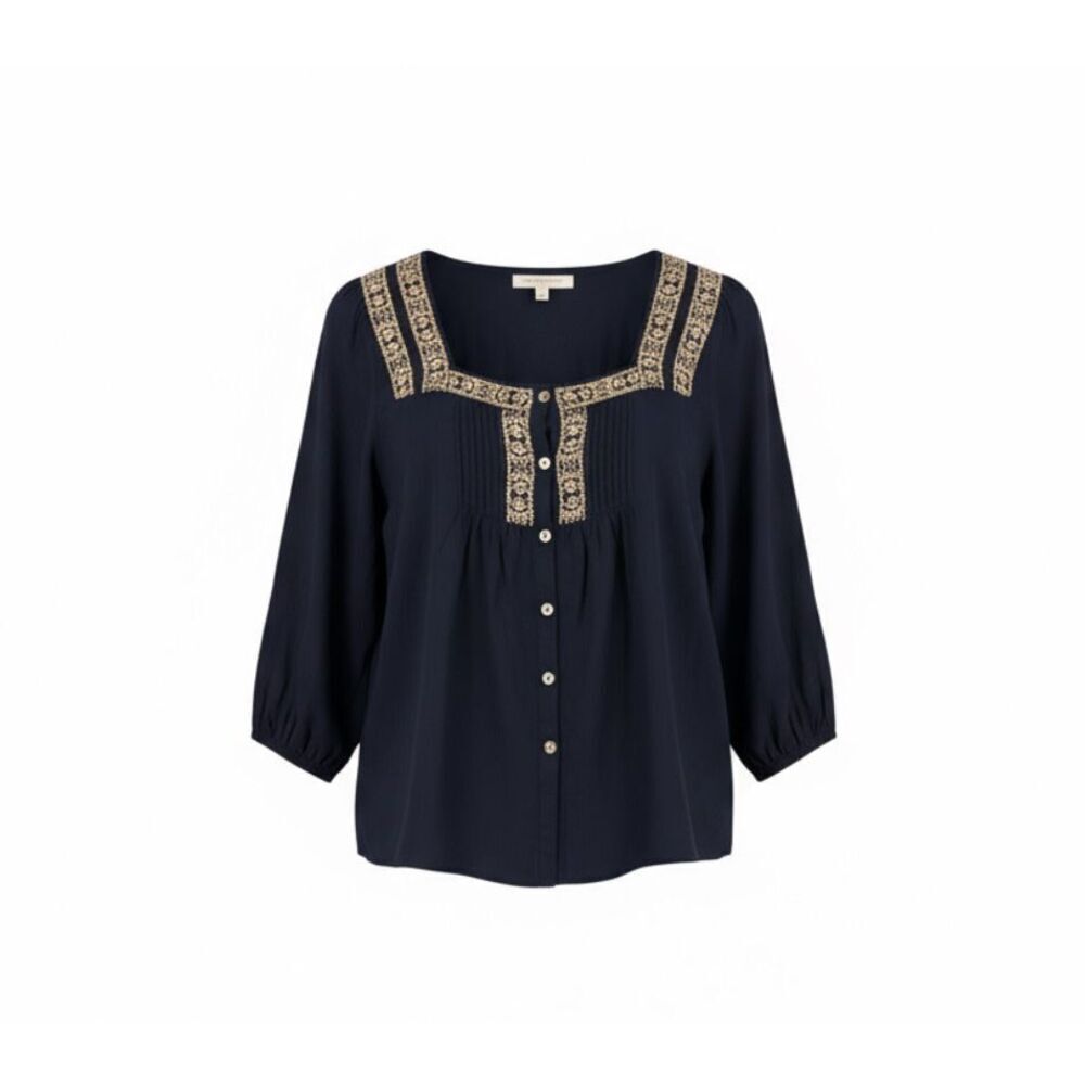 Chocol Raffine Embroidered Square Neck Button Front 3/4 Sleeve‎ Blouse Navy XS